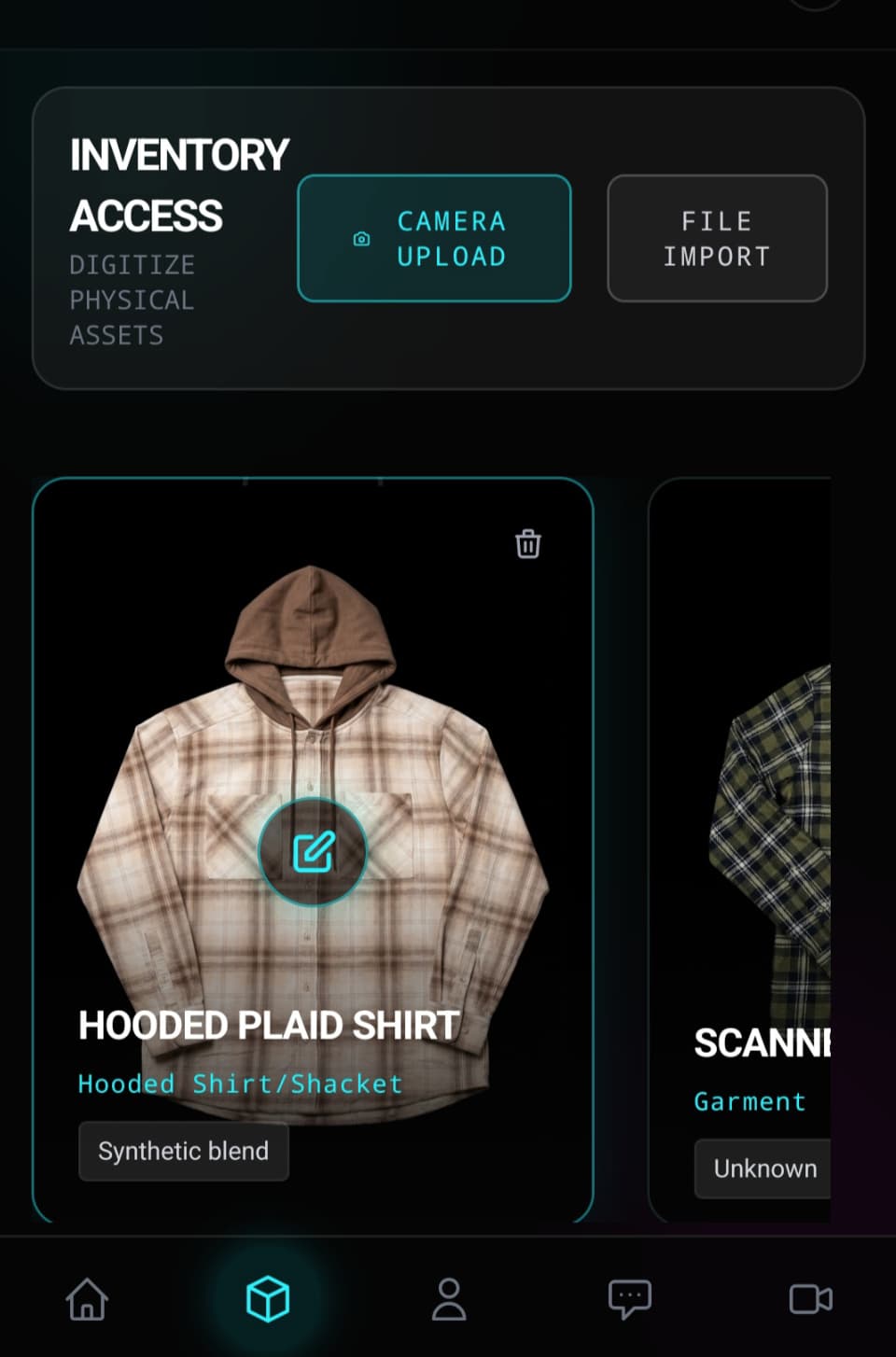 Mobile application interface showing media input and structured item cards